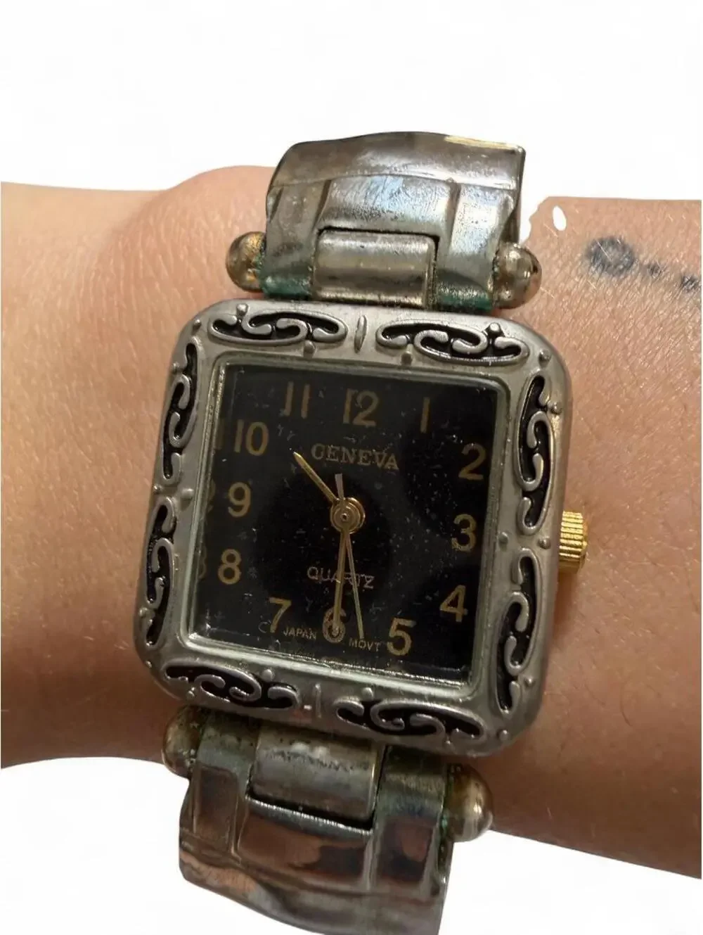 Vintage Geneva Silver Tone Cuff Watch Black Dial Y2K (Untested)